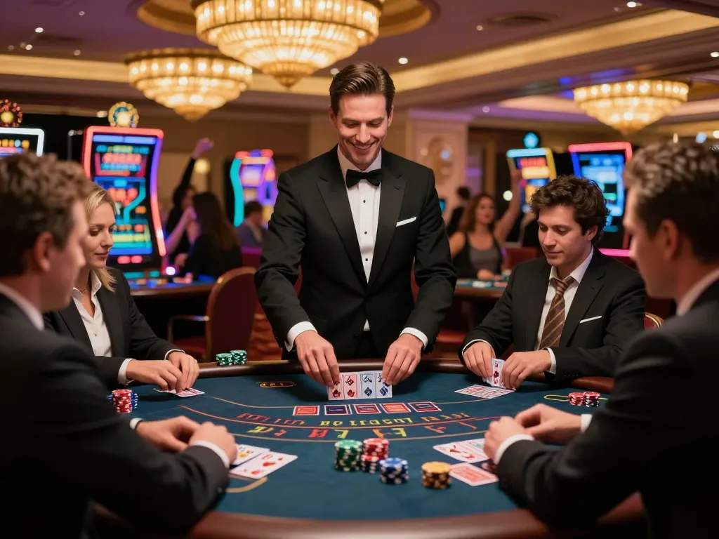Players engaging seriously at vb88 blackjack table, strategizing gameplay with vibrant chips.