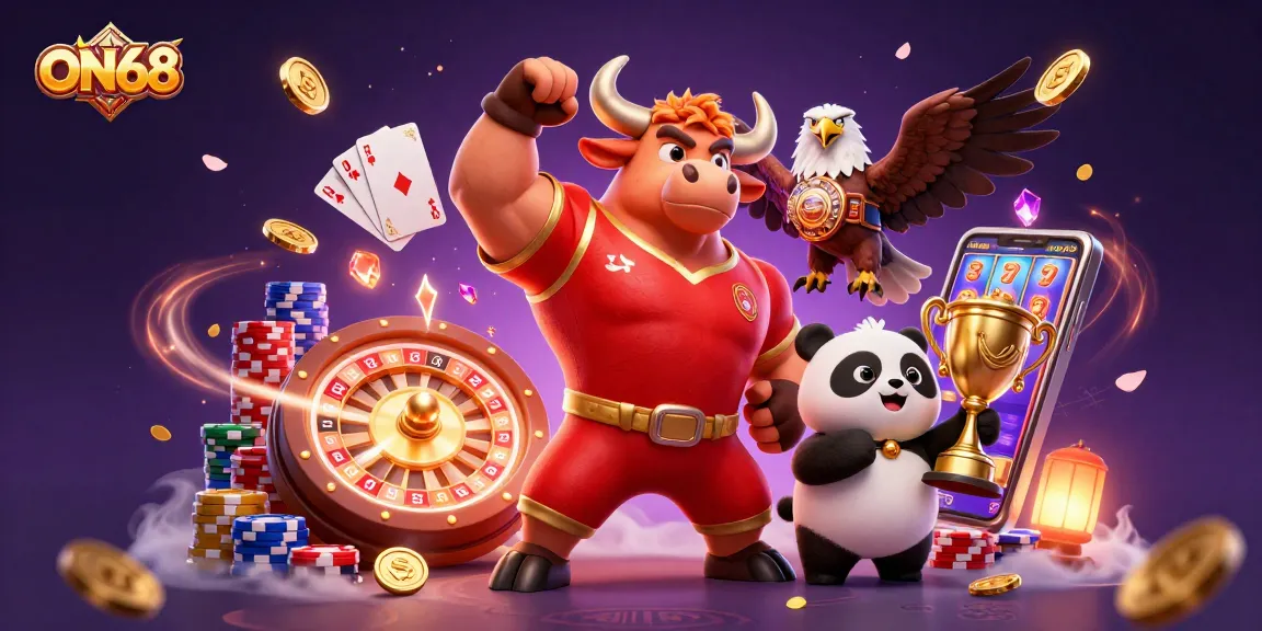 ON68 gaming scene features a victorious bull mascot and eagle champion amidst dynamic casino elements.