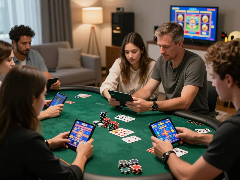 Players immersed in 789club casino games with vibrant screens and poker chips.