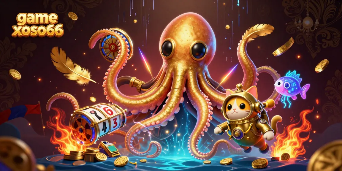 Engage with game xoso66 through dynamic action featuring a kraken and vintage diving cat in a vibrant casino scene.