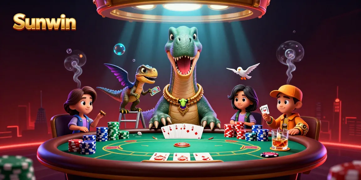 Sunwin engages players with an exciting casino scene featuring a giant brontosaurus and clever raptor dealing cards.