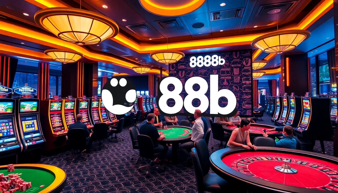Exciting casino scene showcasing gambling action at 888b with vibrant slot machines and engaged players.