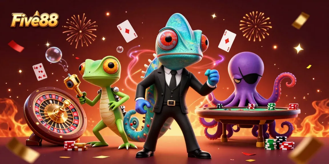 Experience thrilling gameplay with Five88's dynamic characters, including a chameleon and gecko, in a vibrant casino scene.