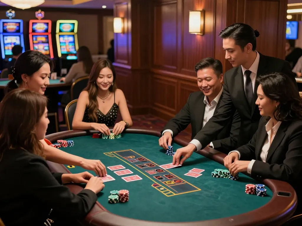 MM88 players engaged in a thrilling blackjack game with dynamic bets at an upscale casino table.