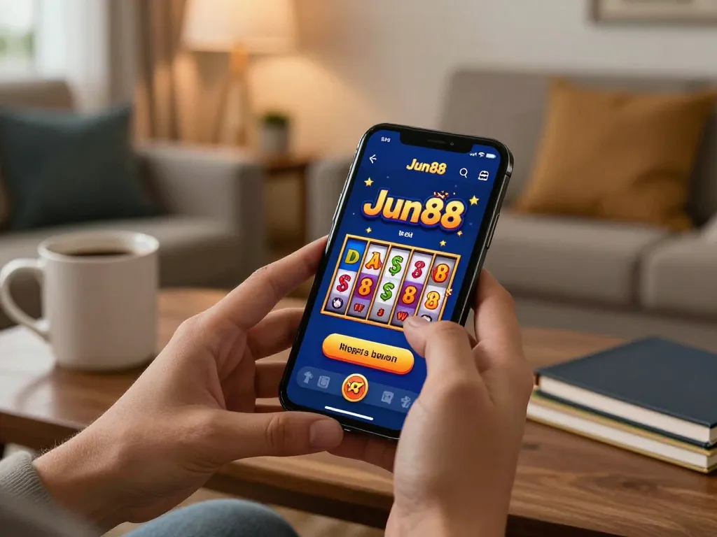 Engaging mobile gameplay on jun88 app showcases slot machine win in a cozy home setting.