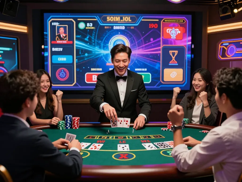 Engage with NK88 online blackjack gameplay, featuring a stylish dealer and vibrant casino interface.