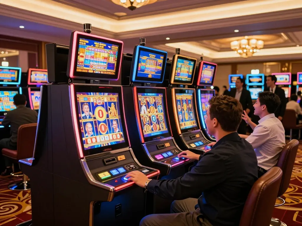 Players enjoying vibrant slot machines at the sunwin casino, capturing excitement and strategy.