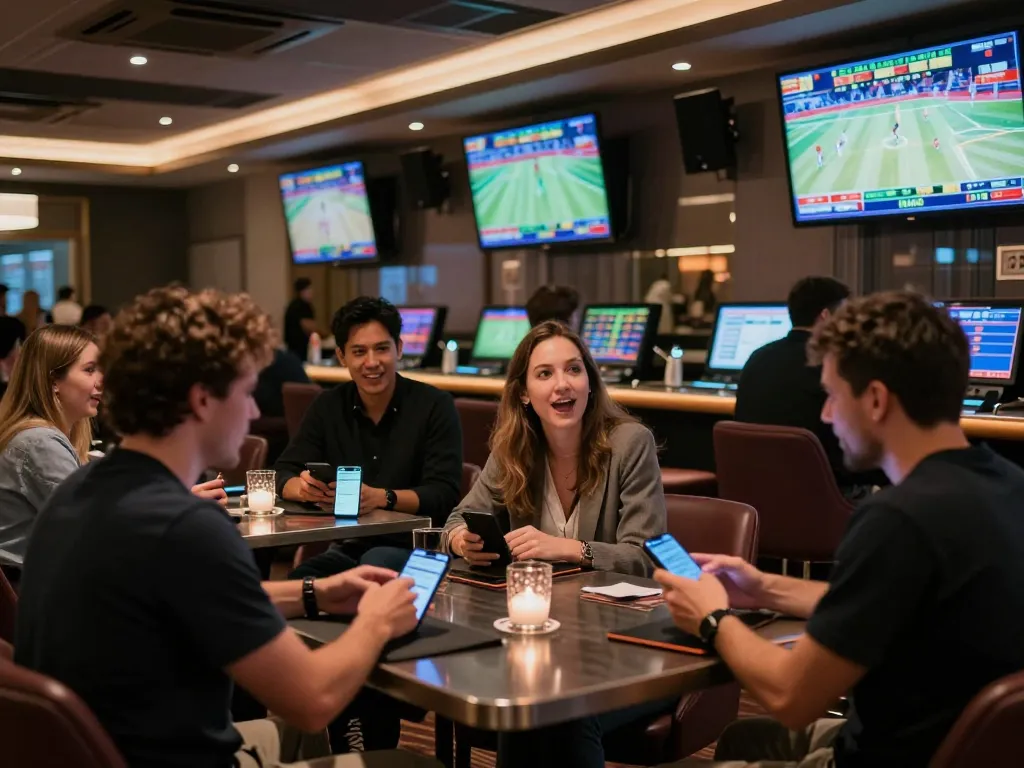 Engaged bettors at qh88go sports lounge analyzing odds on smartphones during live games