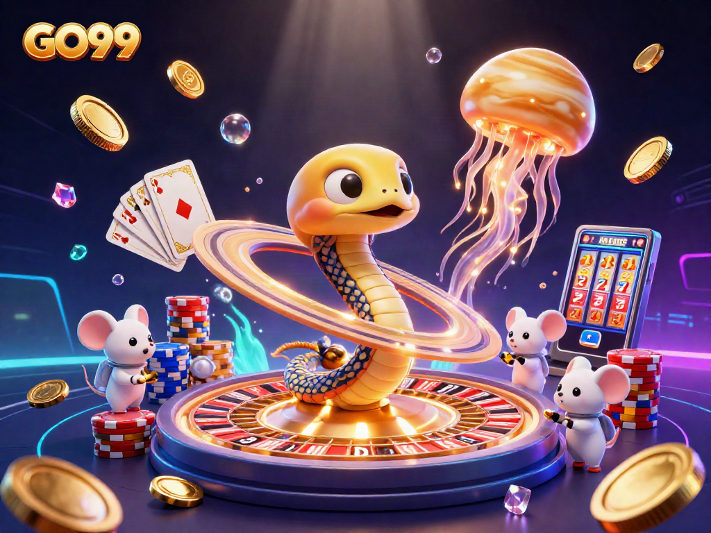 Engage with the thrilling GO99 gaming experience featuring cosmic characters and dynamic casino elements.