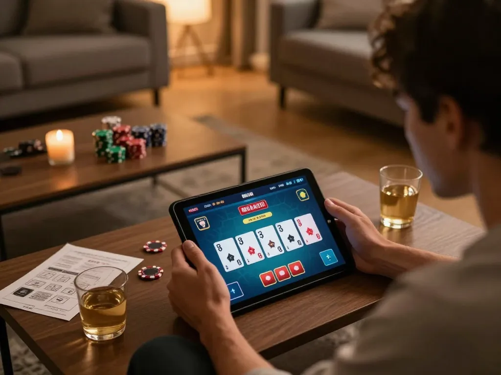 Engaging online poker action on 888NOW tablet in cozy living room setting.