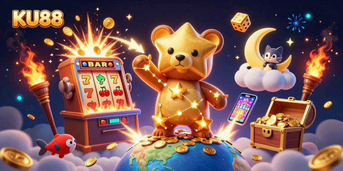 Experience exciting gameplay at KU88 with dynamic 3D casino illustrations featuring slots and jackpots.