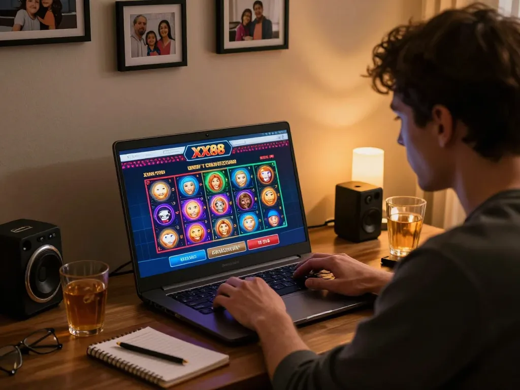 Engaging online gaming moment with XX88 platform on laptop, showcasing strategic gameplay and cozy atmosphere.