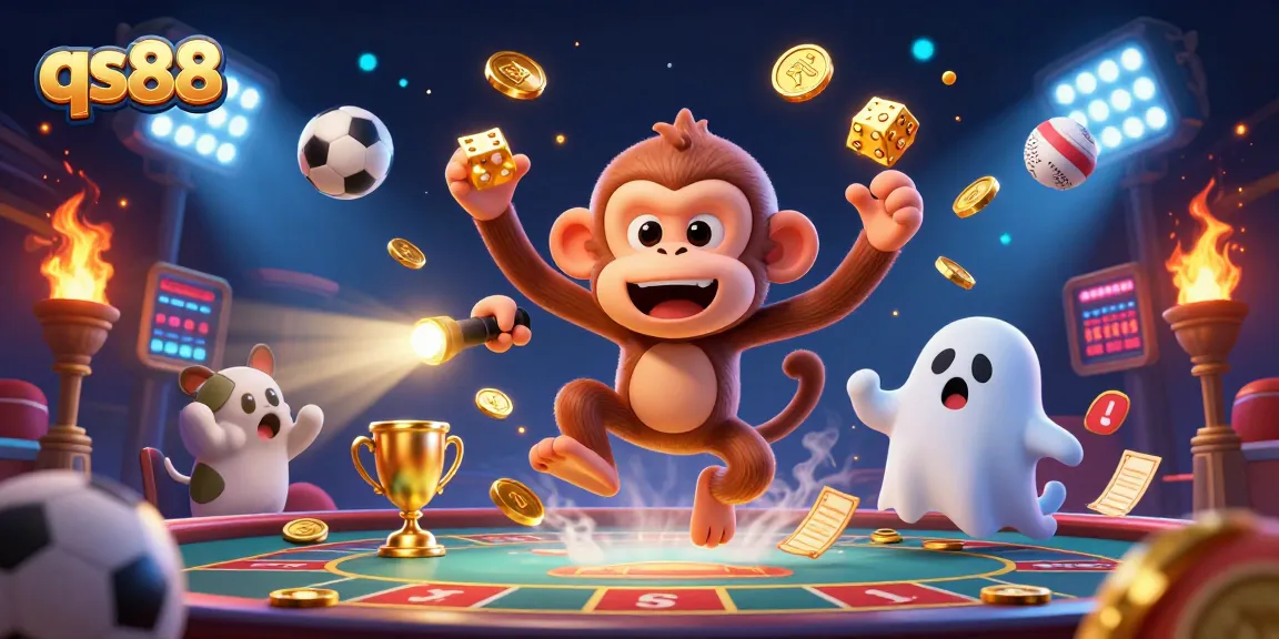 Experience the thrill of qs88 with a playful poltergeist monkey and a puppy in a vibrant casino scene.