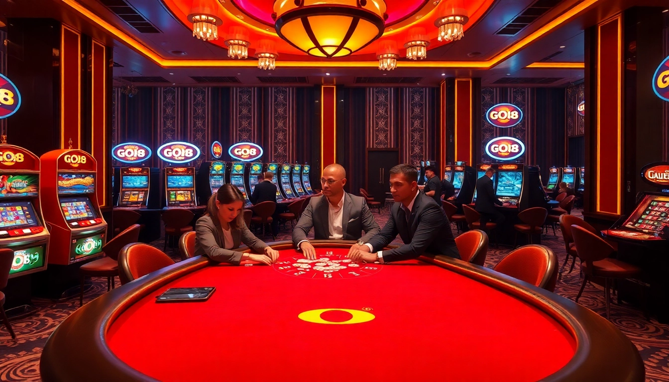 GO8 poker table action with vibrant slot machines and roulette wheels in a luxurious casino setting.