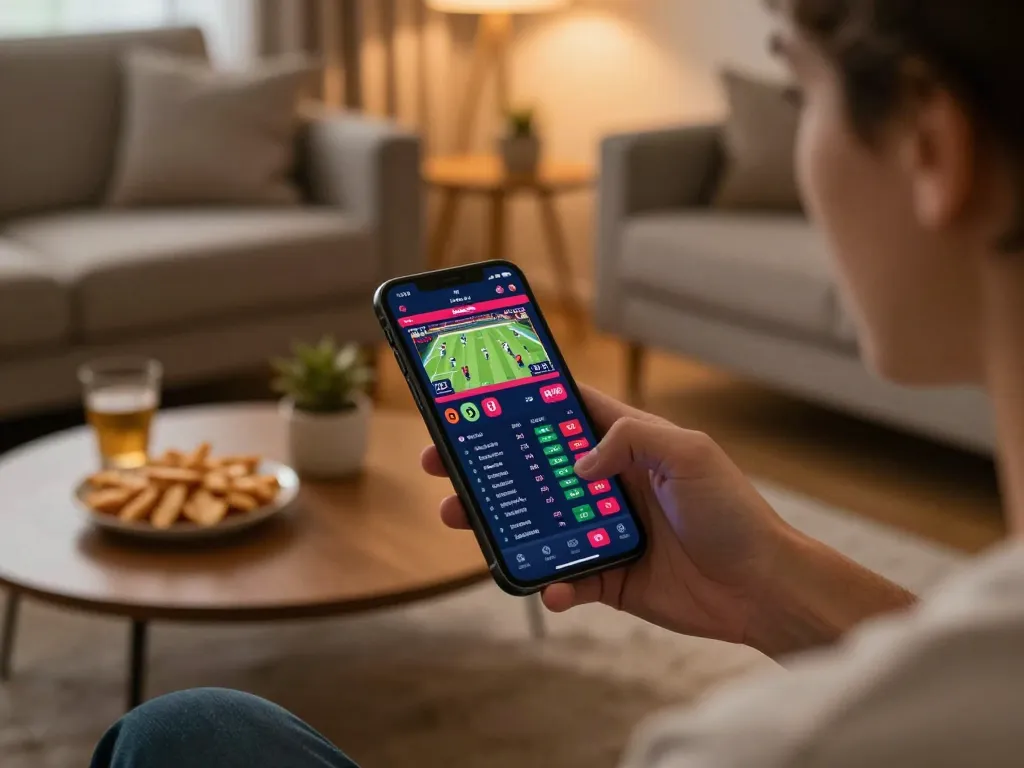 Person engaging in sports betting with the N88 app, showcasing live odds and match details.