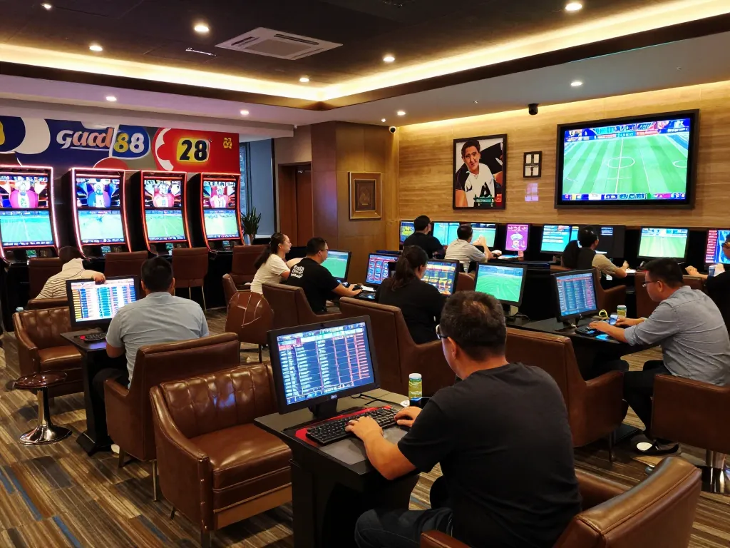 Betting enthusiasts engage with good88 sports betting app in a vibrant lounge setting