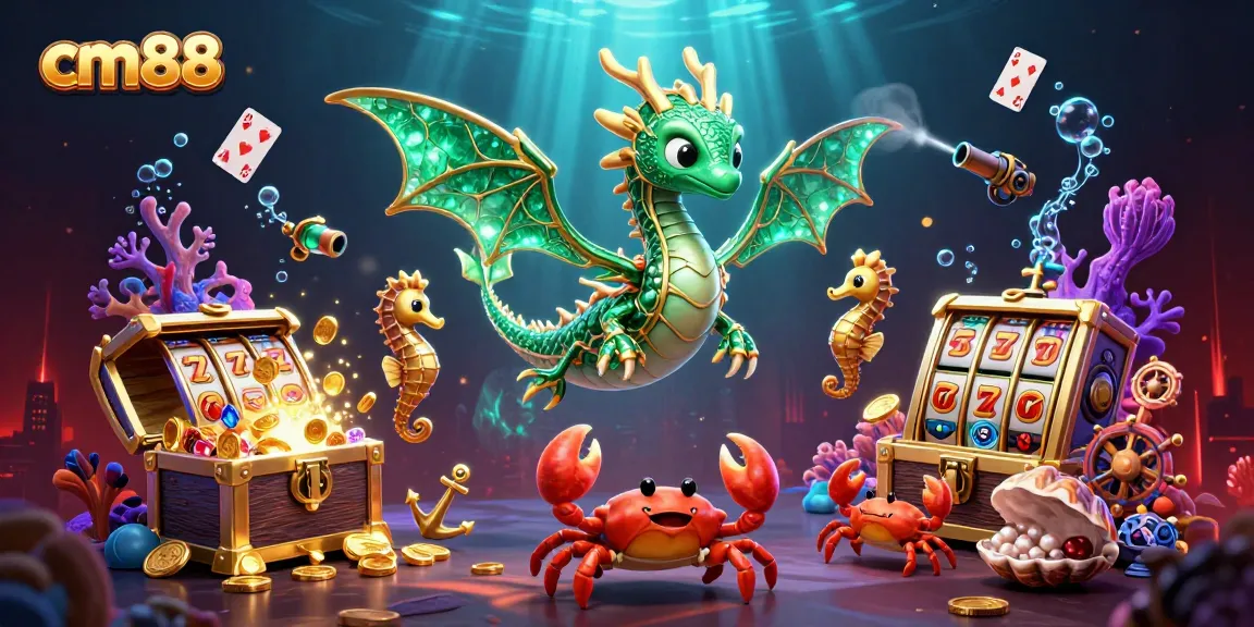Engage with cm88's vibrant casino universe featuring a sea dragon, treasure chest, and slot symbols.