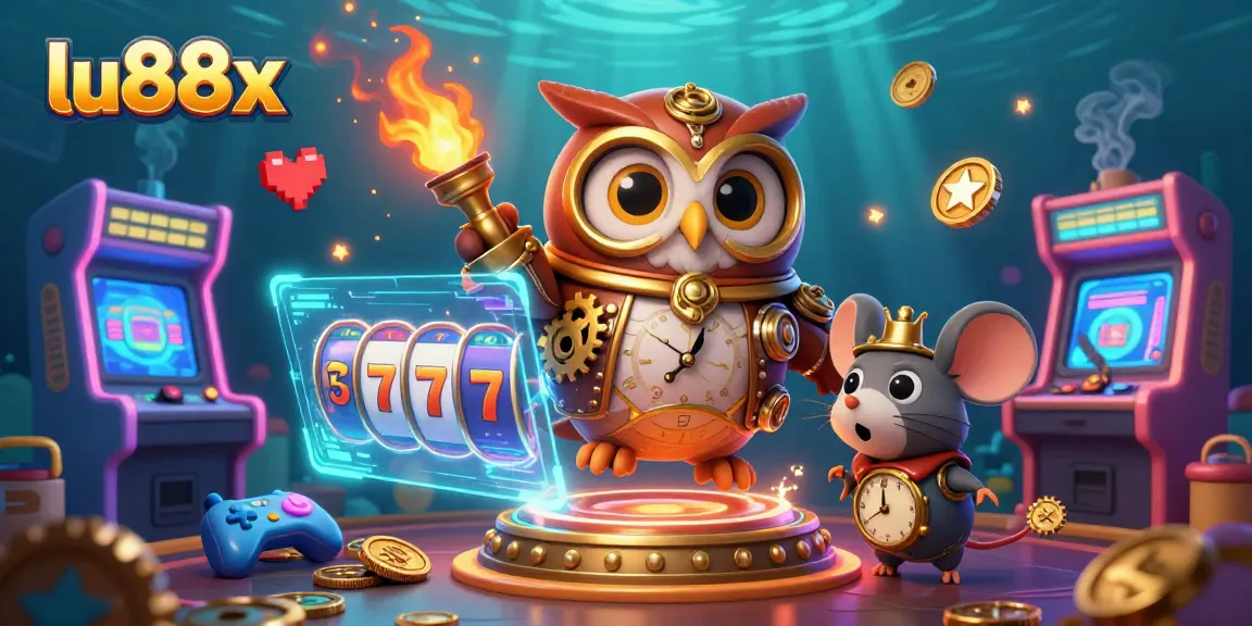Experience thrilling action at lu88x with a vibrant illustration of a steampunk owl surrounded by casino elements.