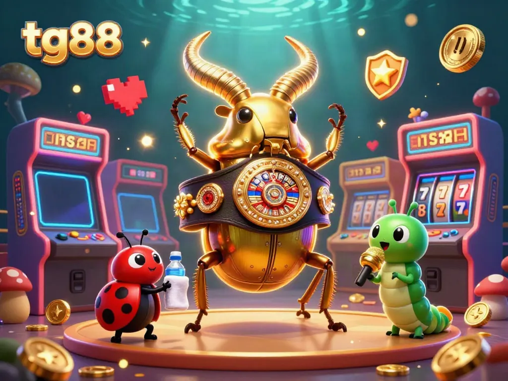 tg88 showcases exciting gaming moments with a giant golden stag beetle and casino elements.