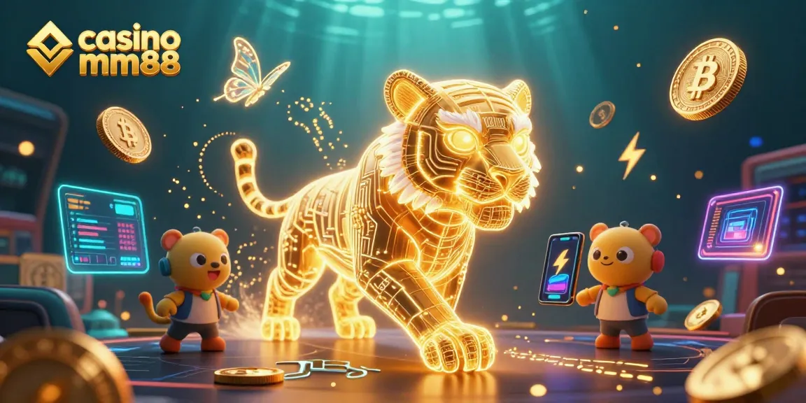Engage with the exciting landscape of casino mm88 as a luminous golden tiger explores a dynamic digital casino.