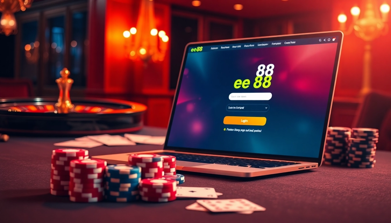 Engaging scene of online casino with ee88 đăng nhập login interface, poker chips, and roulette wheel.