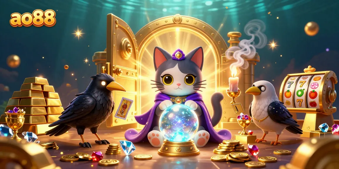 Engage in slot gaming excitement at ao88 with a mystical cat and vibrant gems.