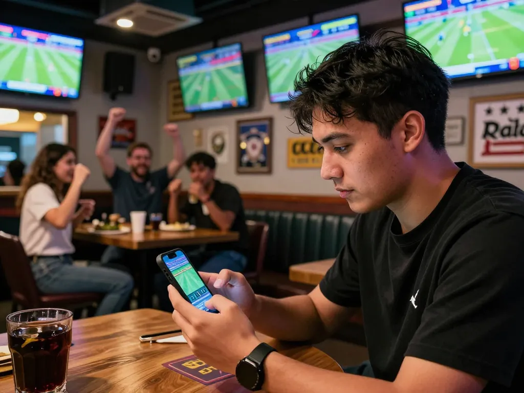 Engaged bettor using cakhiatv app to place sports bets in a lively atmosphere.