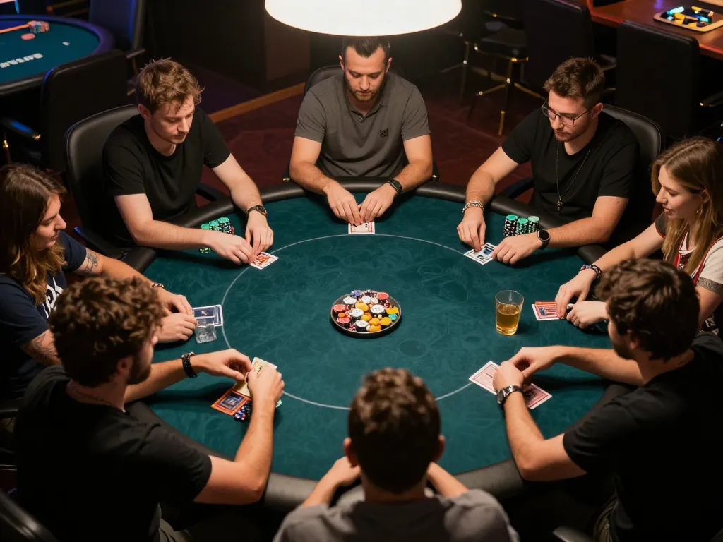 Friends enjoying a lively poker game night, showcasing social gambling experience with fly888x platform integration.