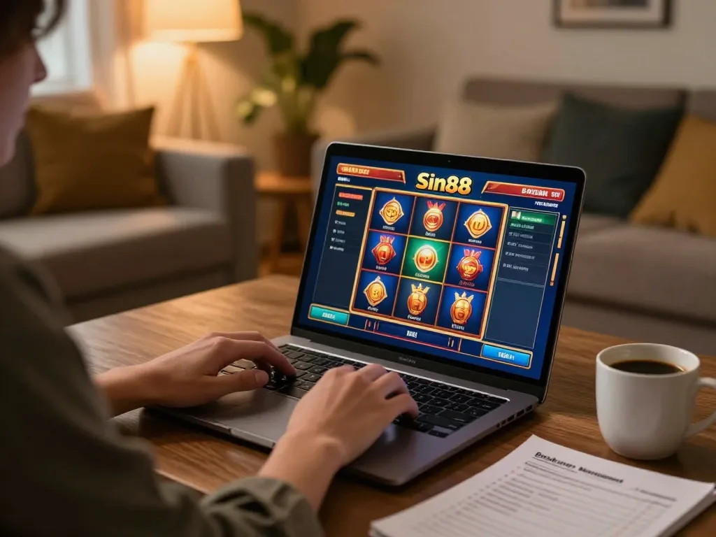 Playing sin88 slot on a laptop at home, showcasing strategic gaming setup and comfortable atmosphere.