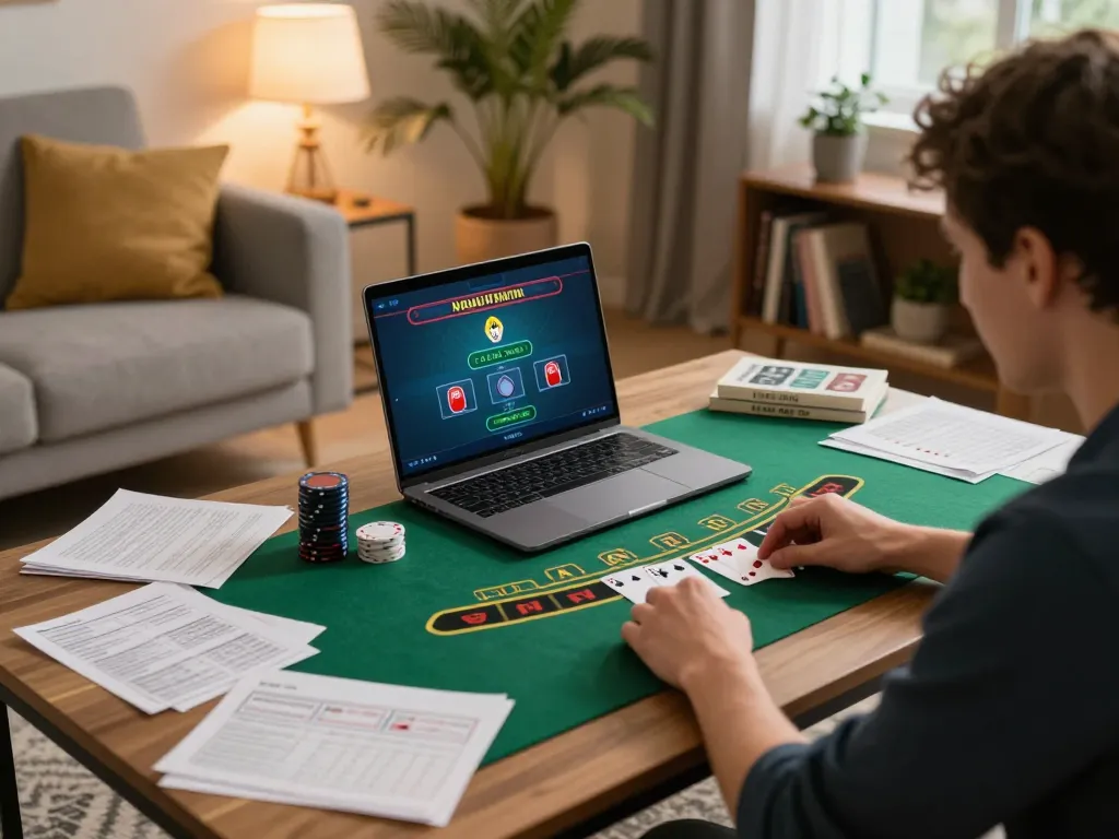 Player enjoying rr 88 online blackjack with strategy notes in a cozy home setting.