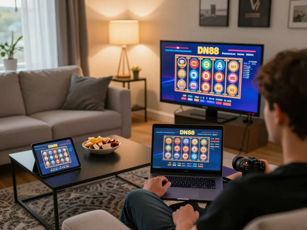 Engaging online gaming experience at DN88 with laptop displaying casino games and vibrant slot interface