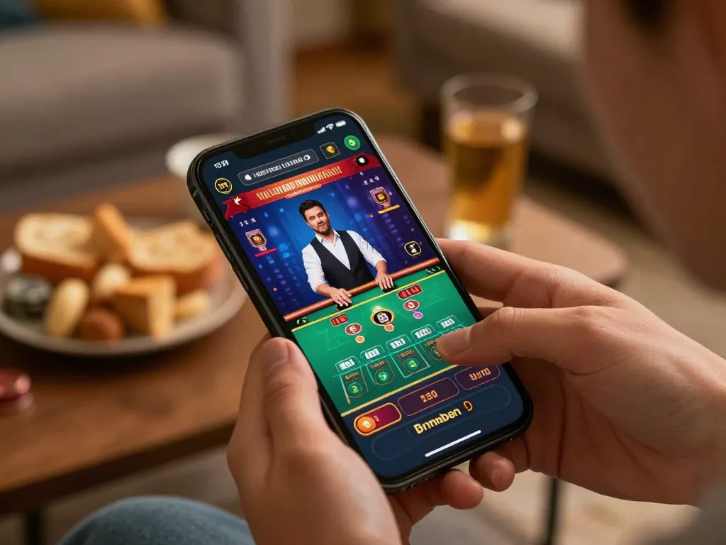 Bayvip players engaging with live dealer games on smartphone, showcasing exciting online casino experience