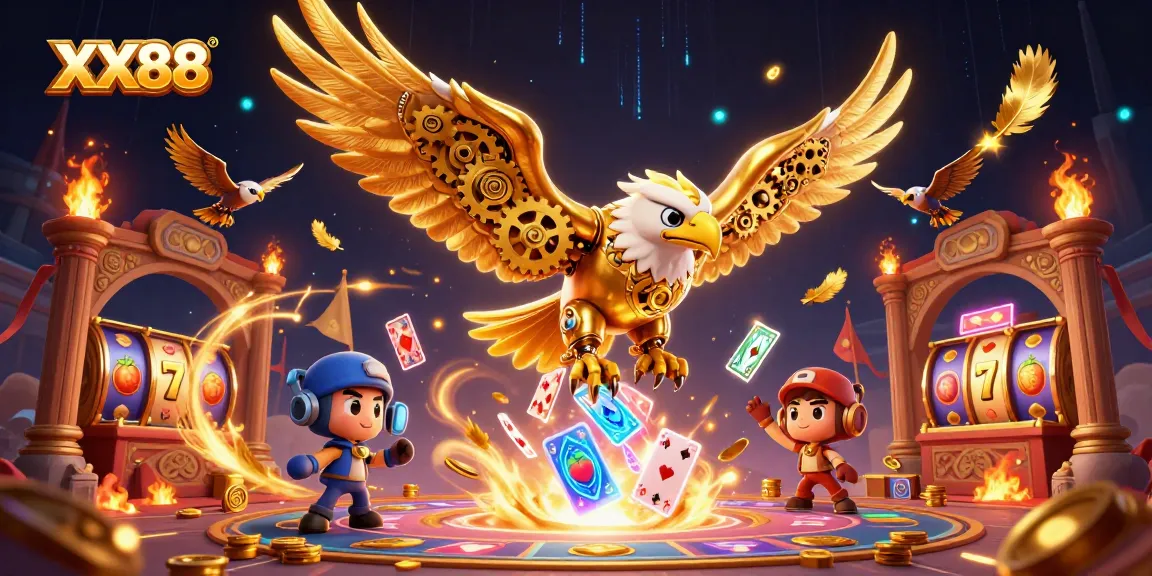 Experience an exhilarating gaming adventure with XX88's 3D cybernetic eagle soaring through dynamic casino elements.