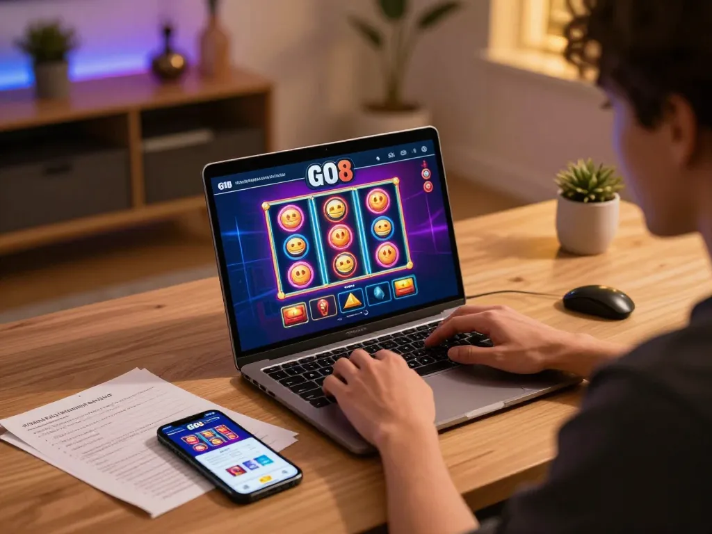 Person engaging with GO8 online casino platform, showcasing immersive gaming experience.