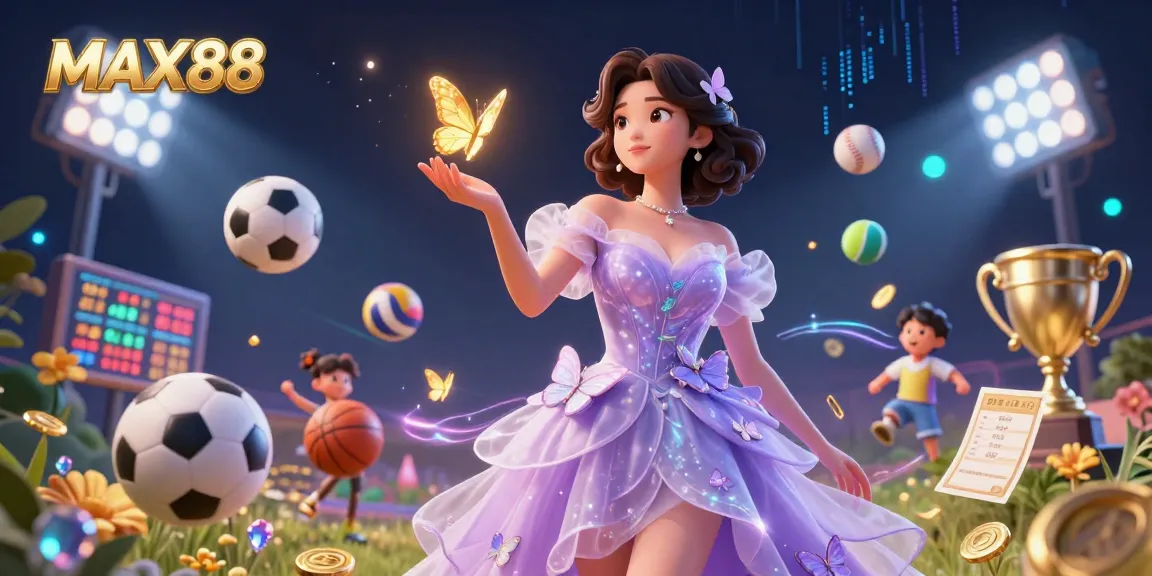 Experience the excitement of MAX88's vibrant casino atmosphere, showcasing a stunning Asian woman amidst golden sports elements and ethereal butterflies.