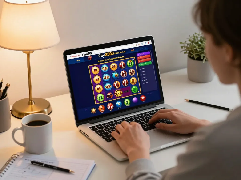 Engaging in online gaming at fly8800, player focused on vibrant casino interface on laptop