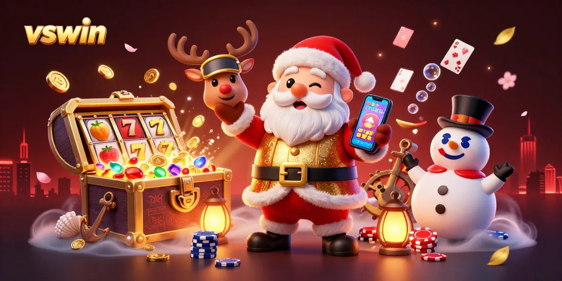 Spin the reels at vswin with captivating graphics featuring a festive Santa and his casino pals.
