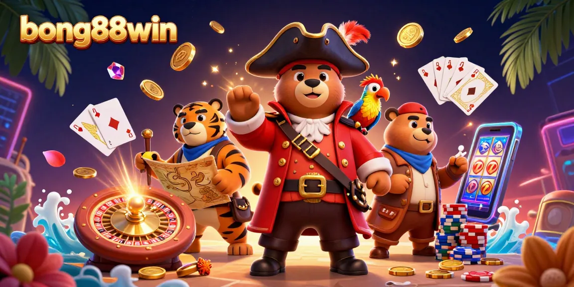 Engage in thrilling games at bong88win with exciting characters and vibrant casino elements surrounding them.