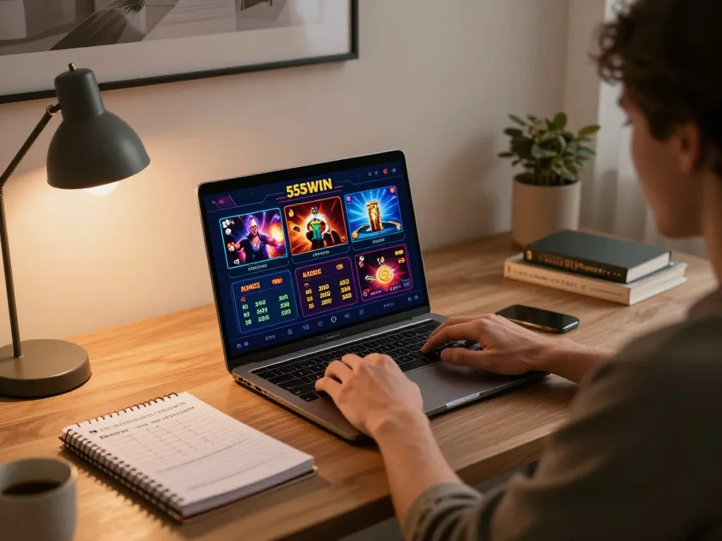 Engaging online gaming session at 555WIN with a player strategizing bets at home