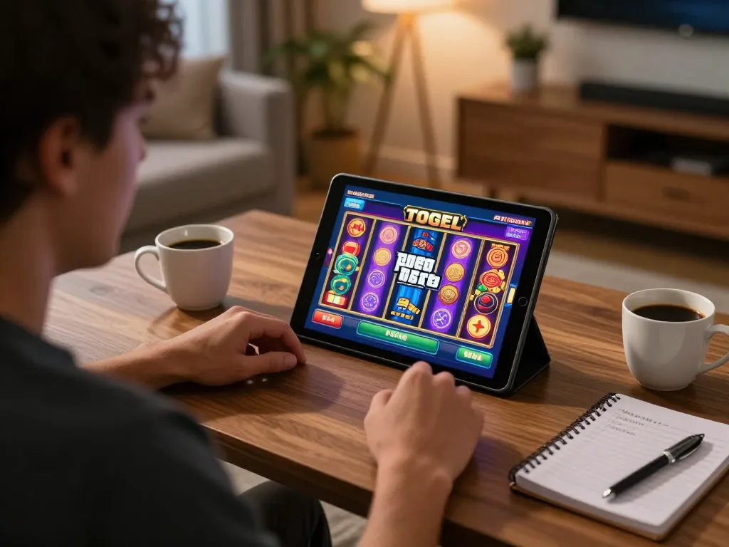 Engaging player using tablet for GTA Togel slots in a cozy home setting.