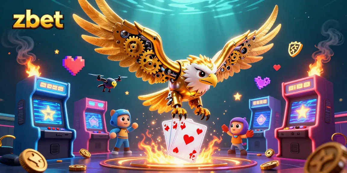 Experience the thrill of zbet with a vivid 3D illustration showcasing a golden eagle amidst holographic cards and arcade elements.