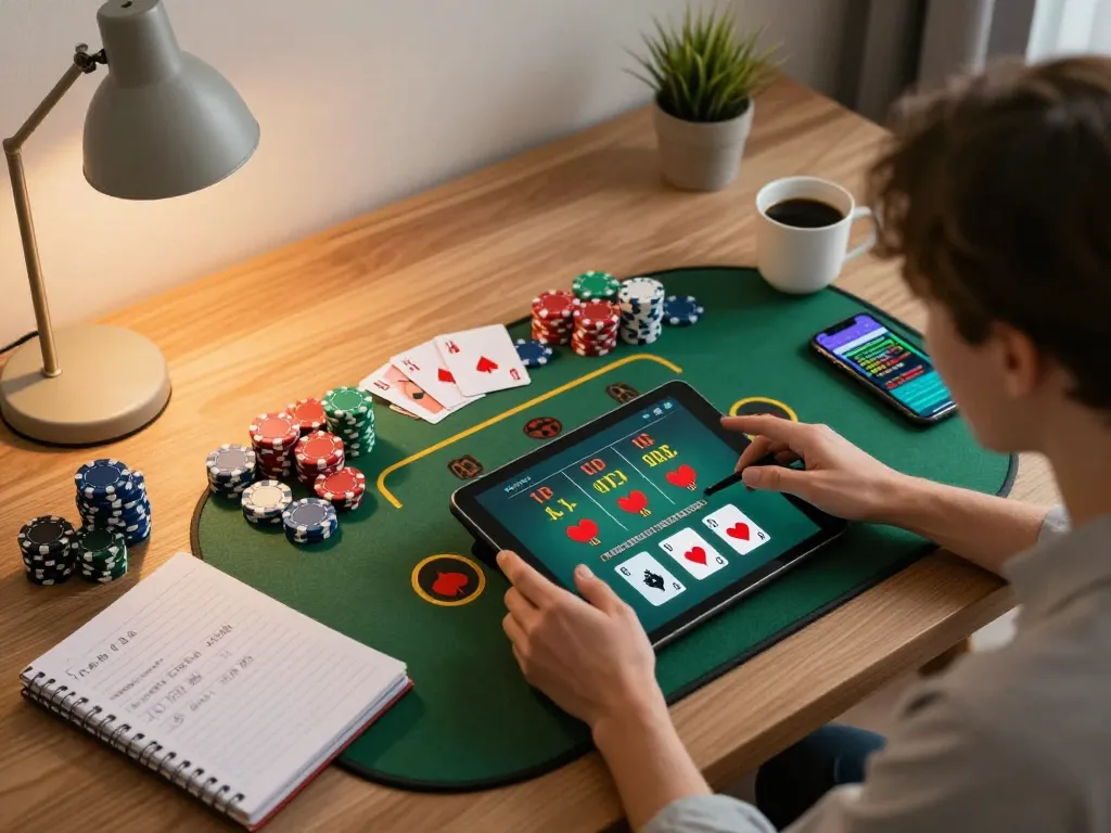 Engaged player using 78WIN tablet for online casino gaming, showcasing strategic notes and accessories in a cozy home setting.