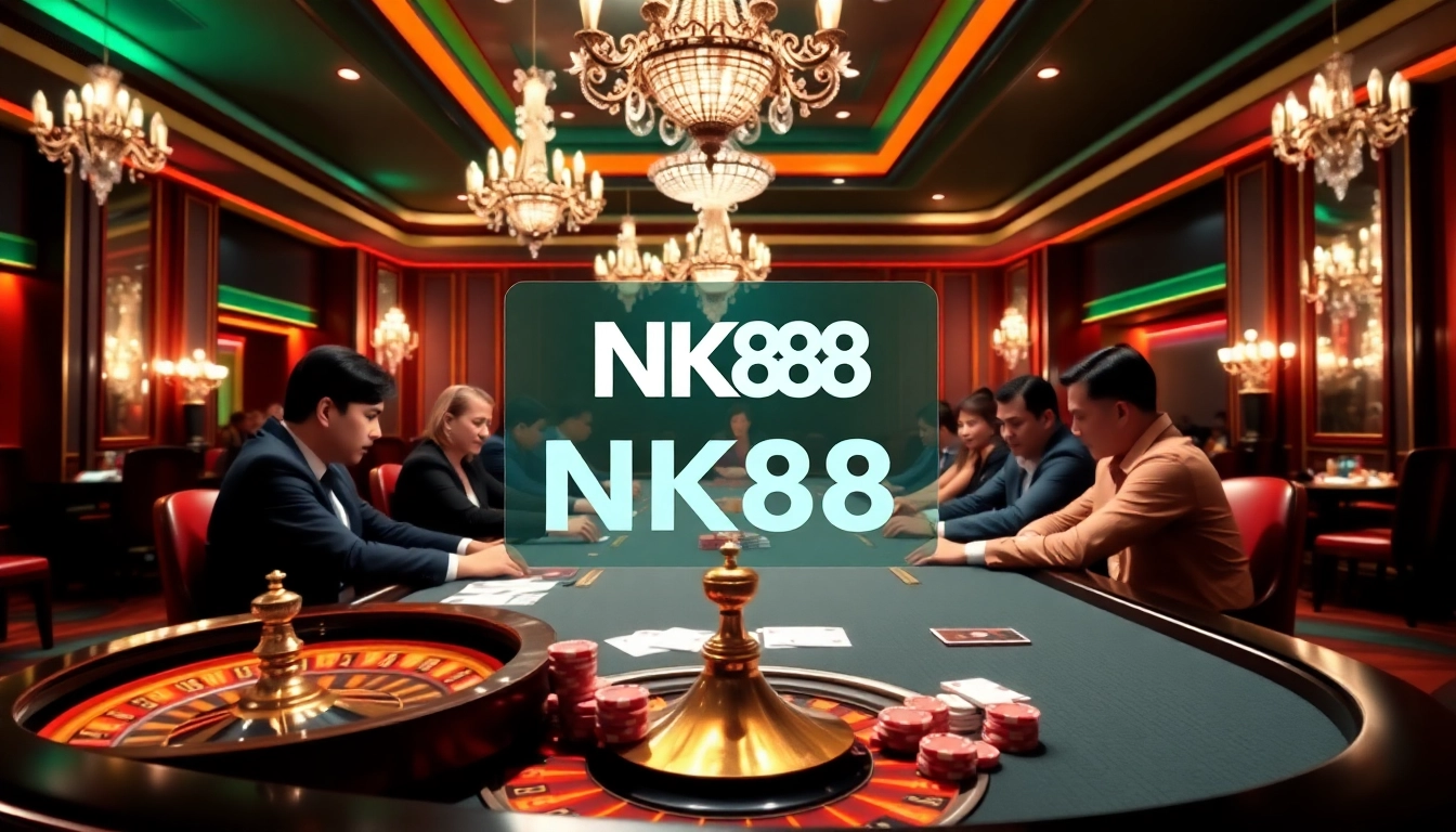 NK88 players strategizing a winning hand at a high-stakes poker table in a luxurious casino setting.