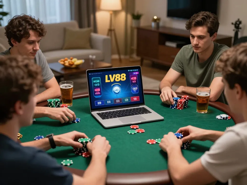 Players strategizing at home while enjoying online poker on LV88, capturing the excitement of digital gaming.