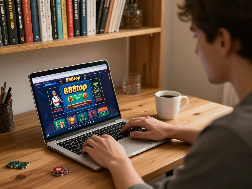 Player engaging with 888top online casino platform, showcasing strategic gameplay at home