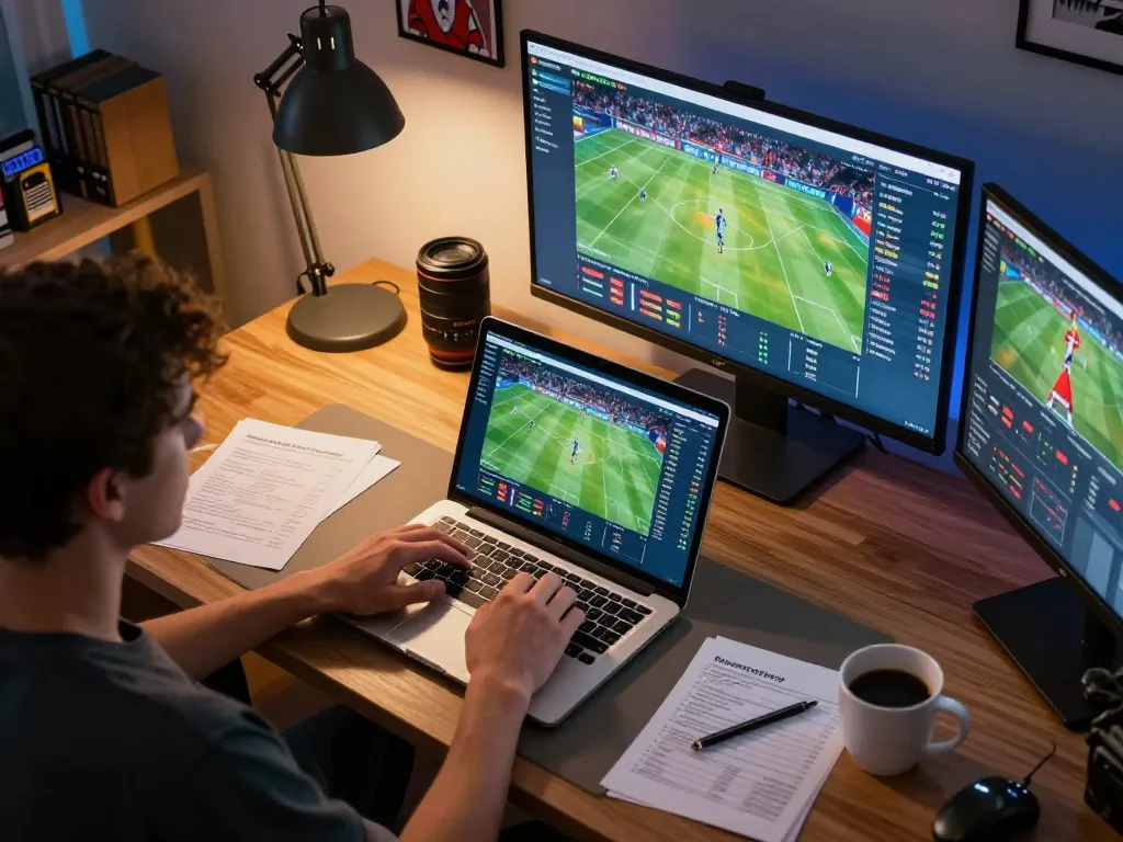 N188 online sports betting setup showcasing dynamic gameplay and strategic focus in a modern home environment.
