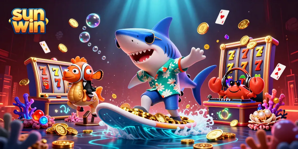 Experience sun win thrills with a hammer-head shark surfing on gold coins surrounded by exciting slot game elements.