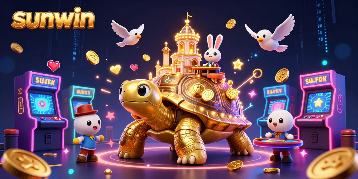 Engage with Sunwin: The vibrant tortoise casino scene featuring a rabbit dealer and flying golden coins.