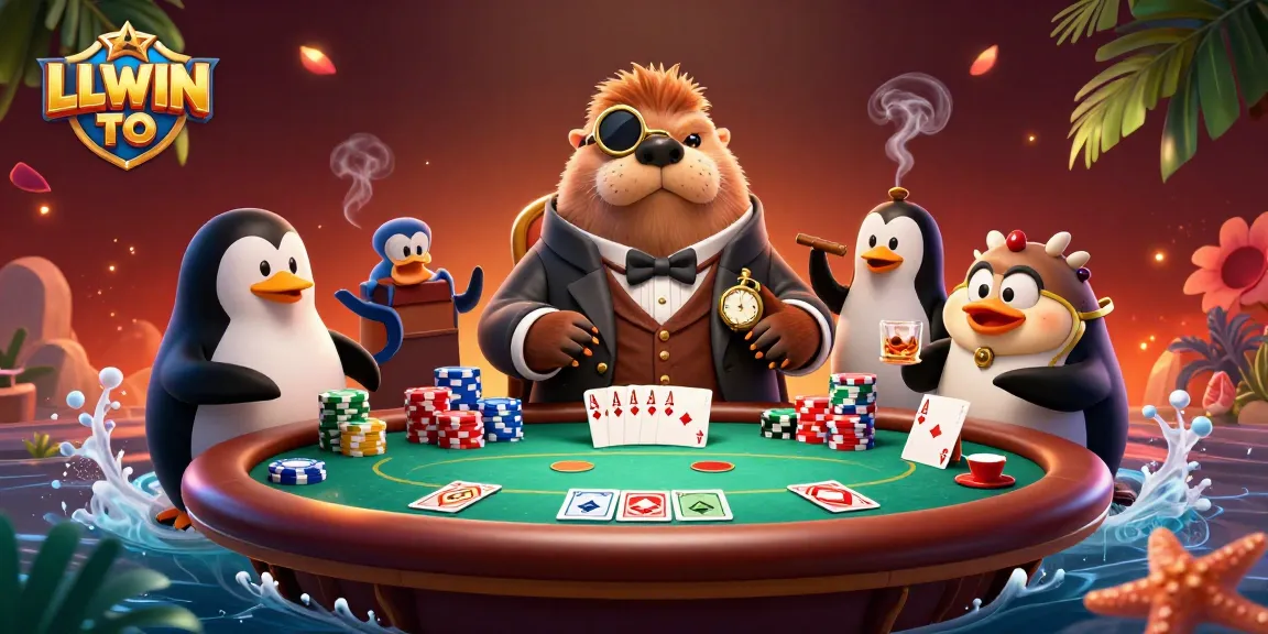 LLWIN TO features a jolly walrus at an underwater poker game, showcasing vibrant casino elements.