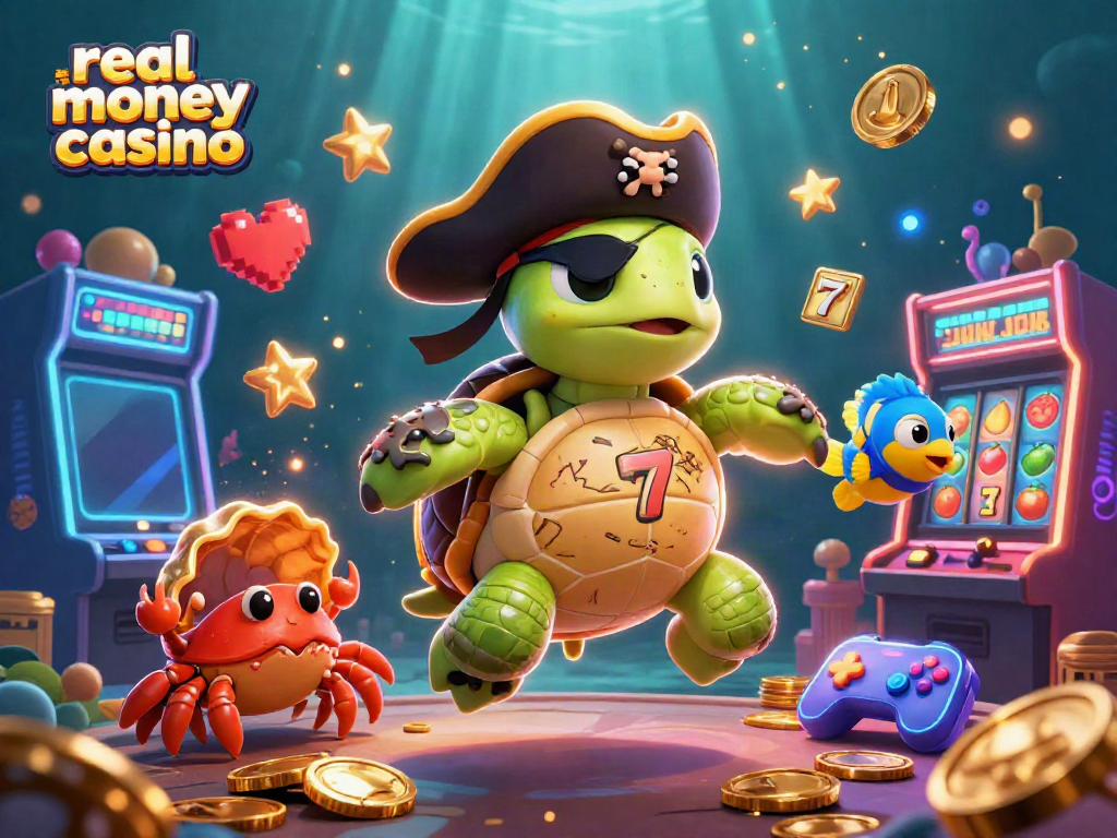 Experience the excitement of a real money casino with a vibrant underwater scene featuring a pirate turtle, a crab, and slot machines.